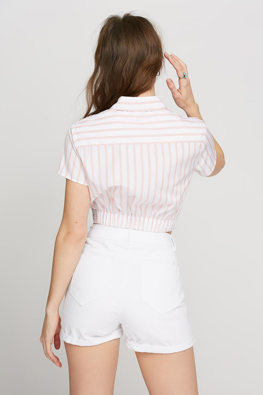 Women Blouse courte boutonnée rayée nouée devant Mauve
