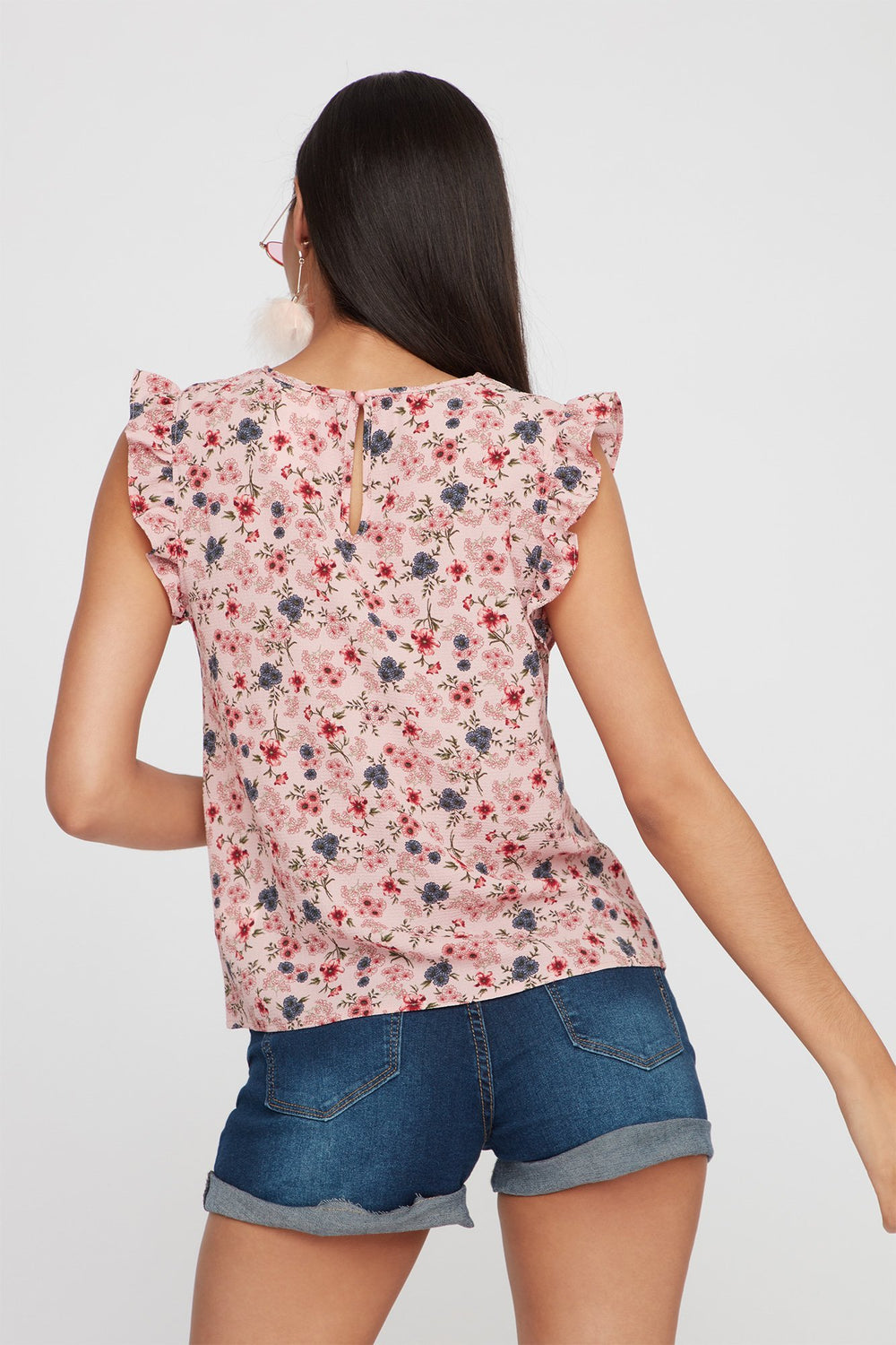 Women Blouse fleurie à manches volantées et collier ras du cou Mauve