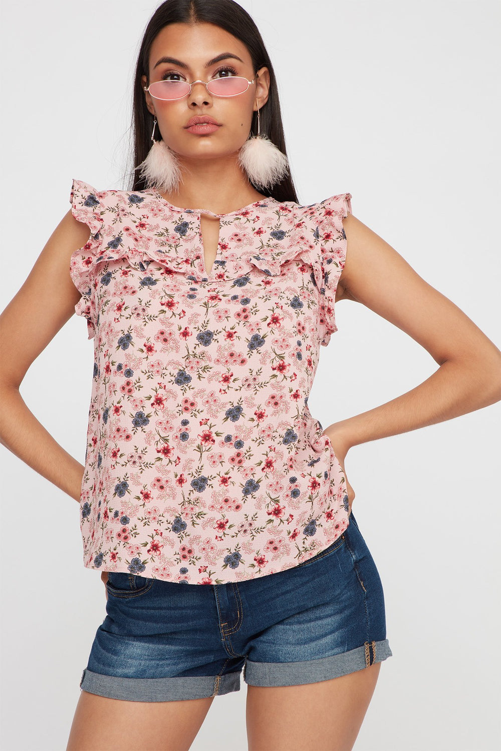 Women Blouse fleurie à manches volantées et collier ras du cou Mauve