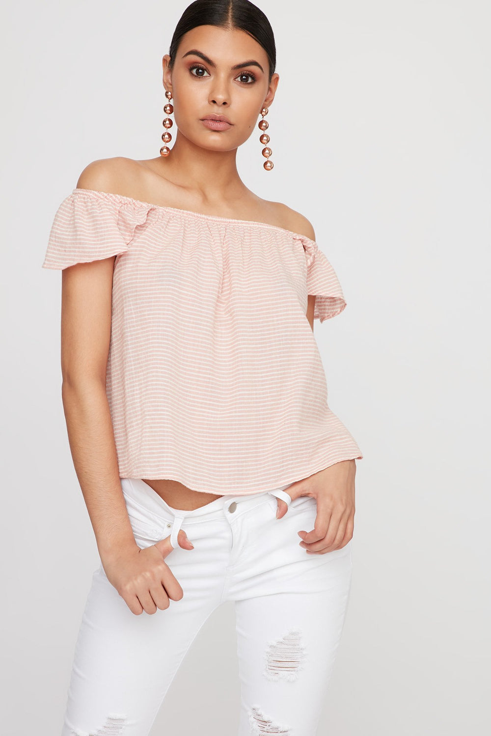 Women Blouse rayée à épaules dénudées Mauve