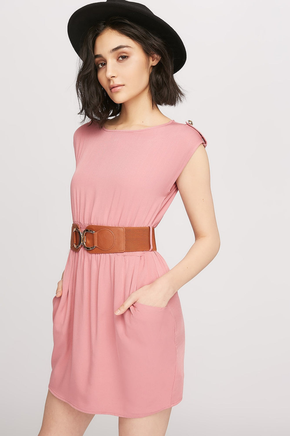 Women Boat-Neck Belted Pocket Tunic Dress Mauve