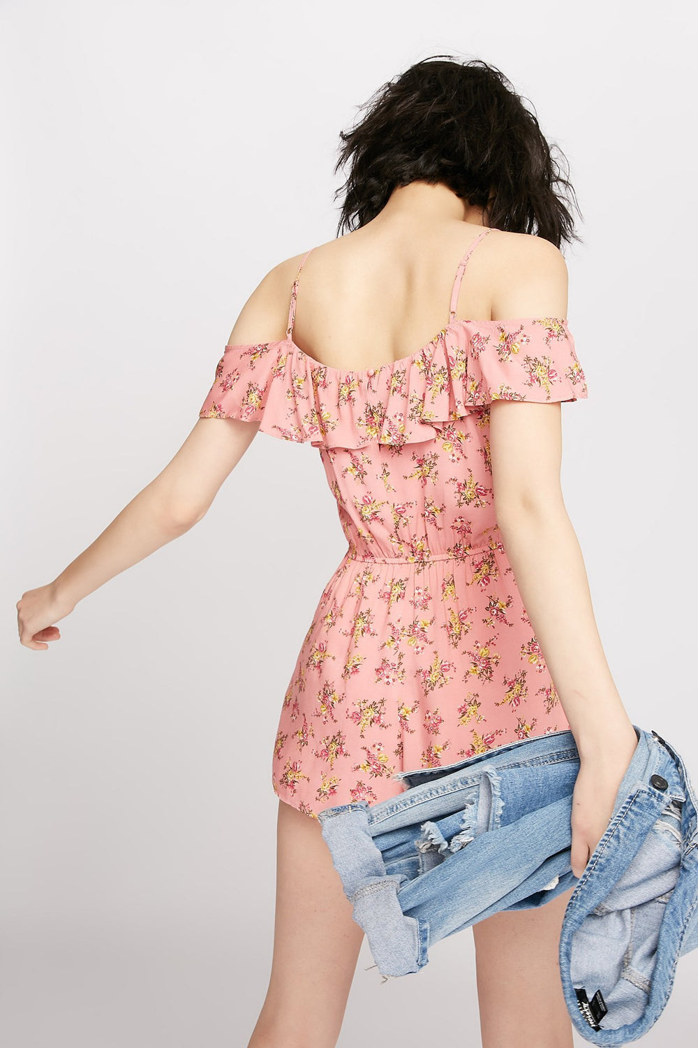 Women Cold Shoulder Ruffle Floral Cinched Romper Mauve