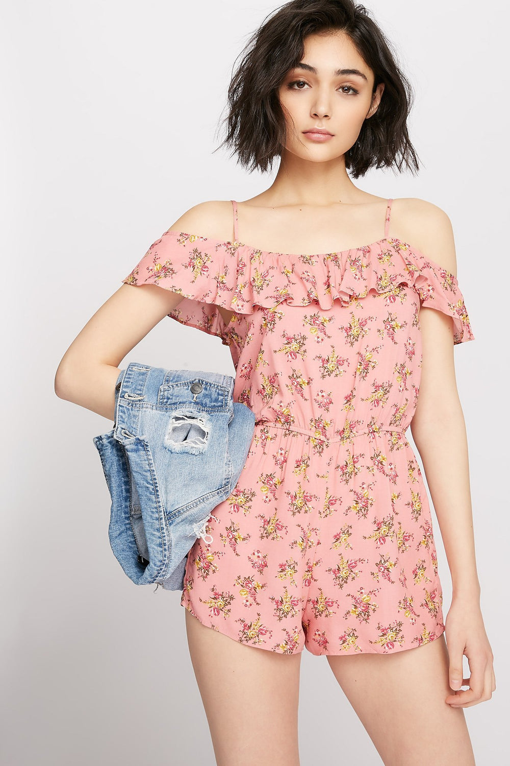 Women Combi-short ceintré volanté fleuri à épaules dénudées Mauve