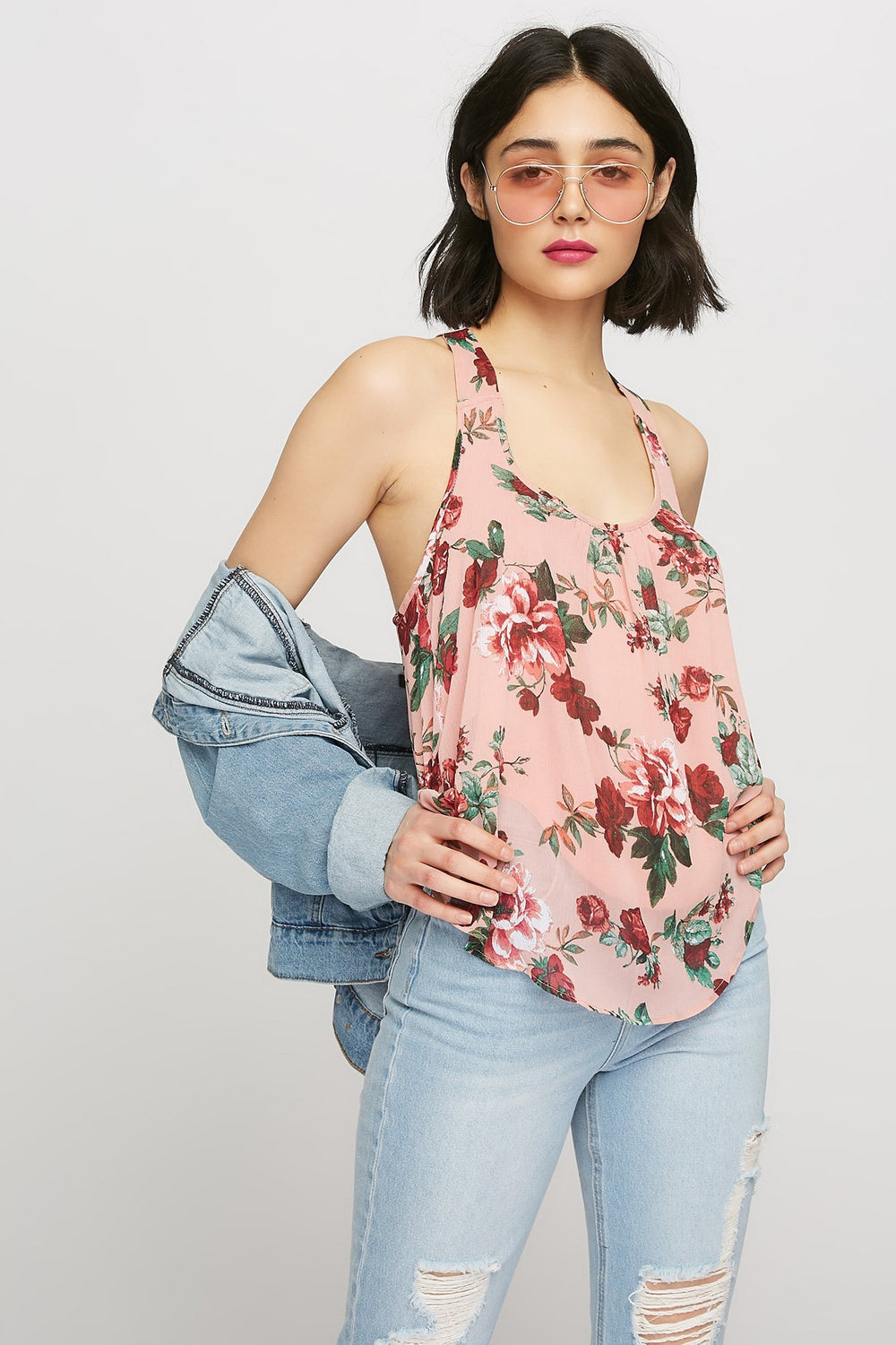 women Débardeur fleuri en mousseline à dos nageur et ourlet arrondi Mauve