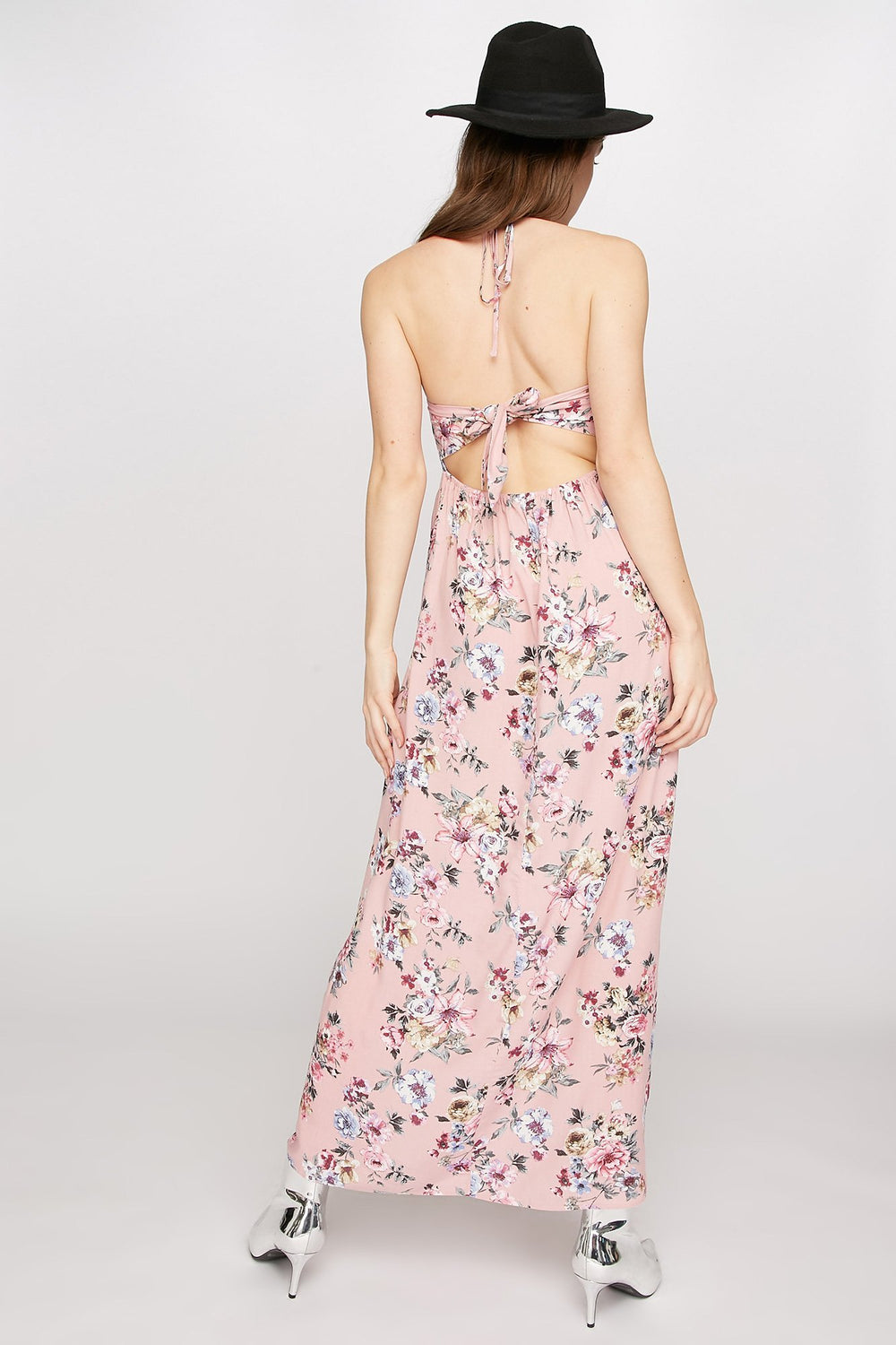 Women Floral Halter Open-Back Maxi Dress Mauve
