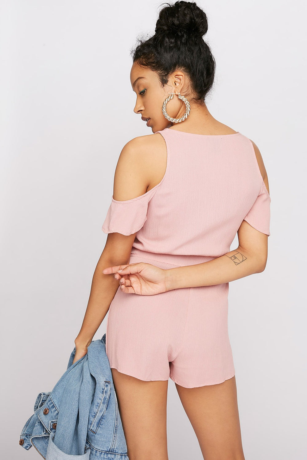 Women Front-Knot Cold Shoulder Lightweight Romper Mauve