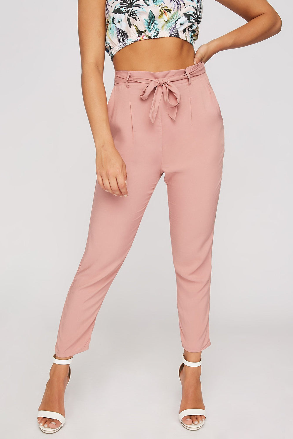 Women High-Rise Belted Self-Tie Pant Mauve
