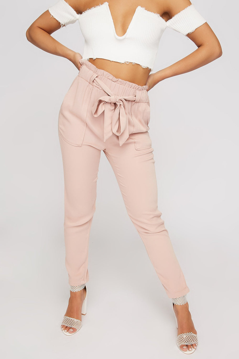 Women High-Rise Ruffle Self-Tie Soft Paperbag Pant Mauve