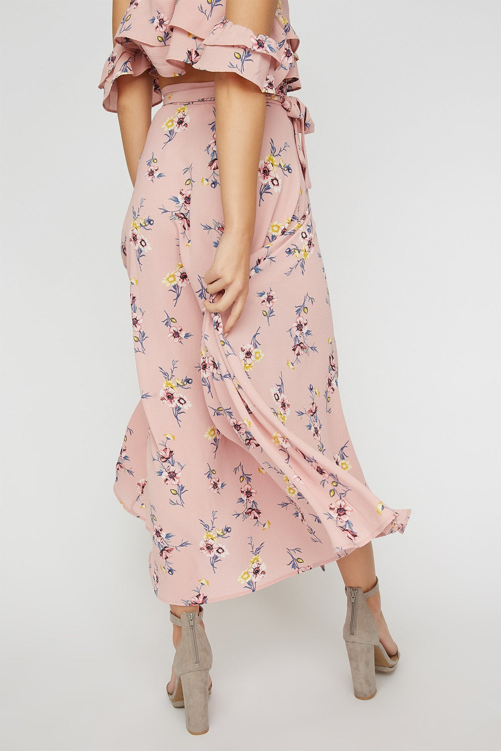 Women Jupe maxi enveloppante fleurie à taille haute avec attache Mauve