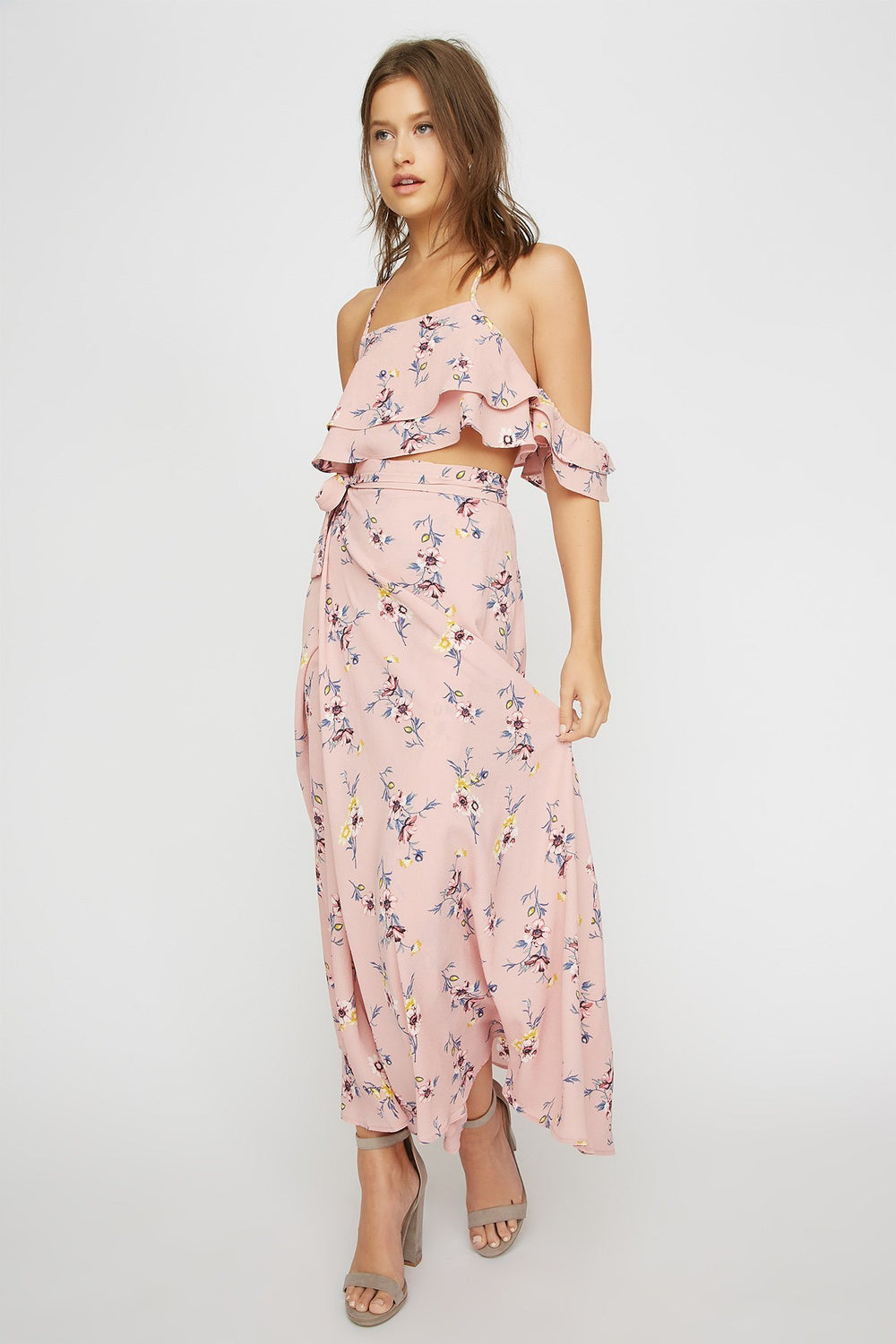 Women Jupe maxi enveloppante fleurie à taille haute avec attache Mauve