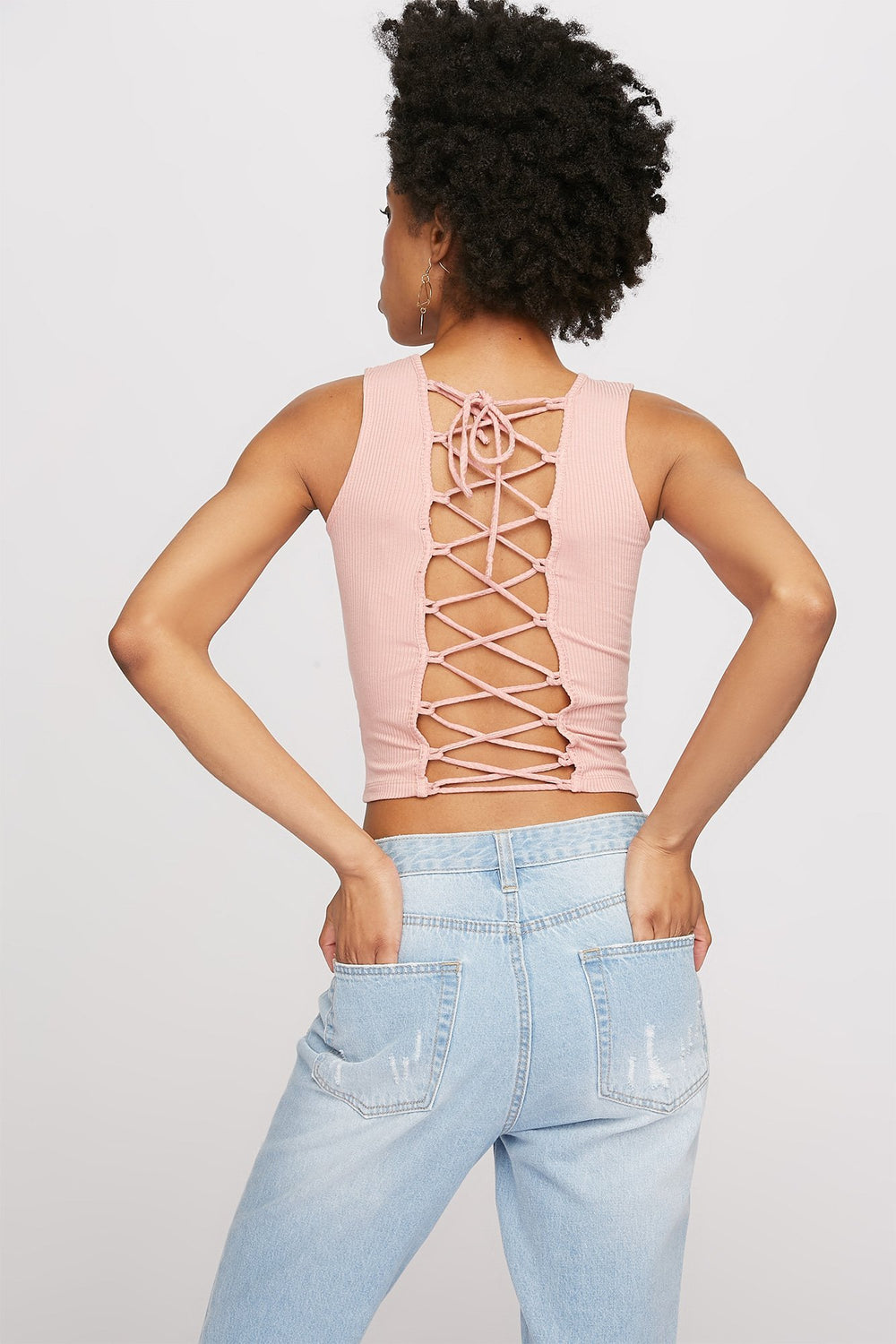 Women Lace-Up Back Ribbed Cropped Tank Mauve