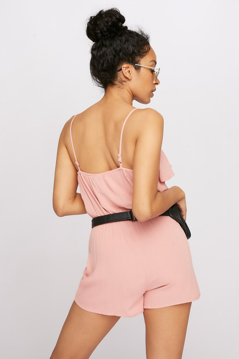 Women Lace-Up Ruffle Lightweight Cinched Romper Mauve