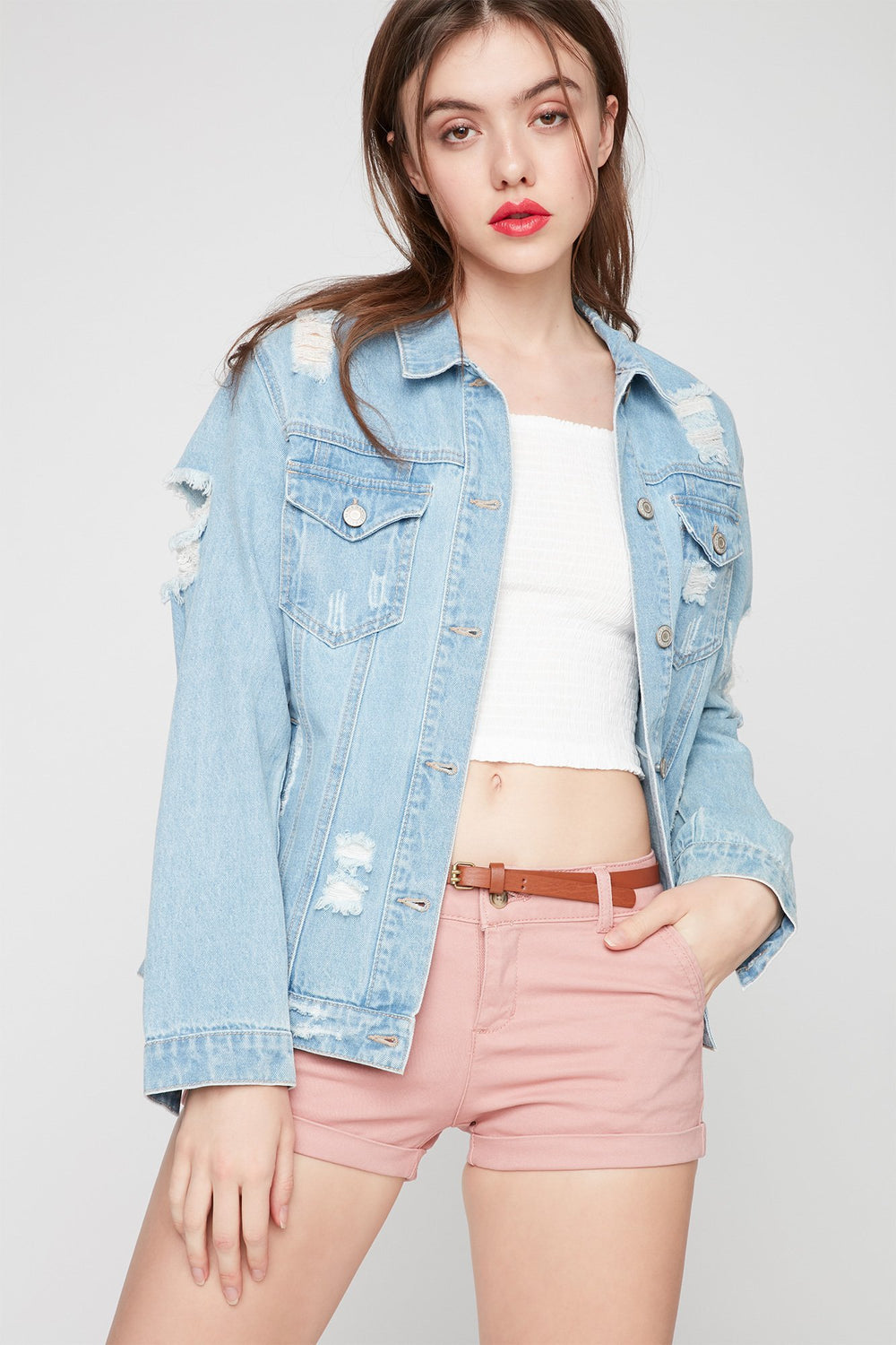 Women Mid-Rise Roll-Up Woven Short With Jean Belt Mauve