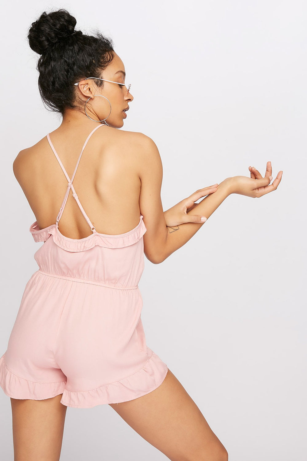 Women Mock-Neck Ruffle Cinched Romper Mauve