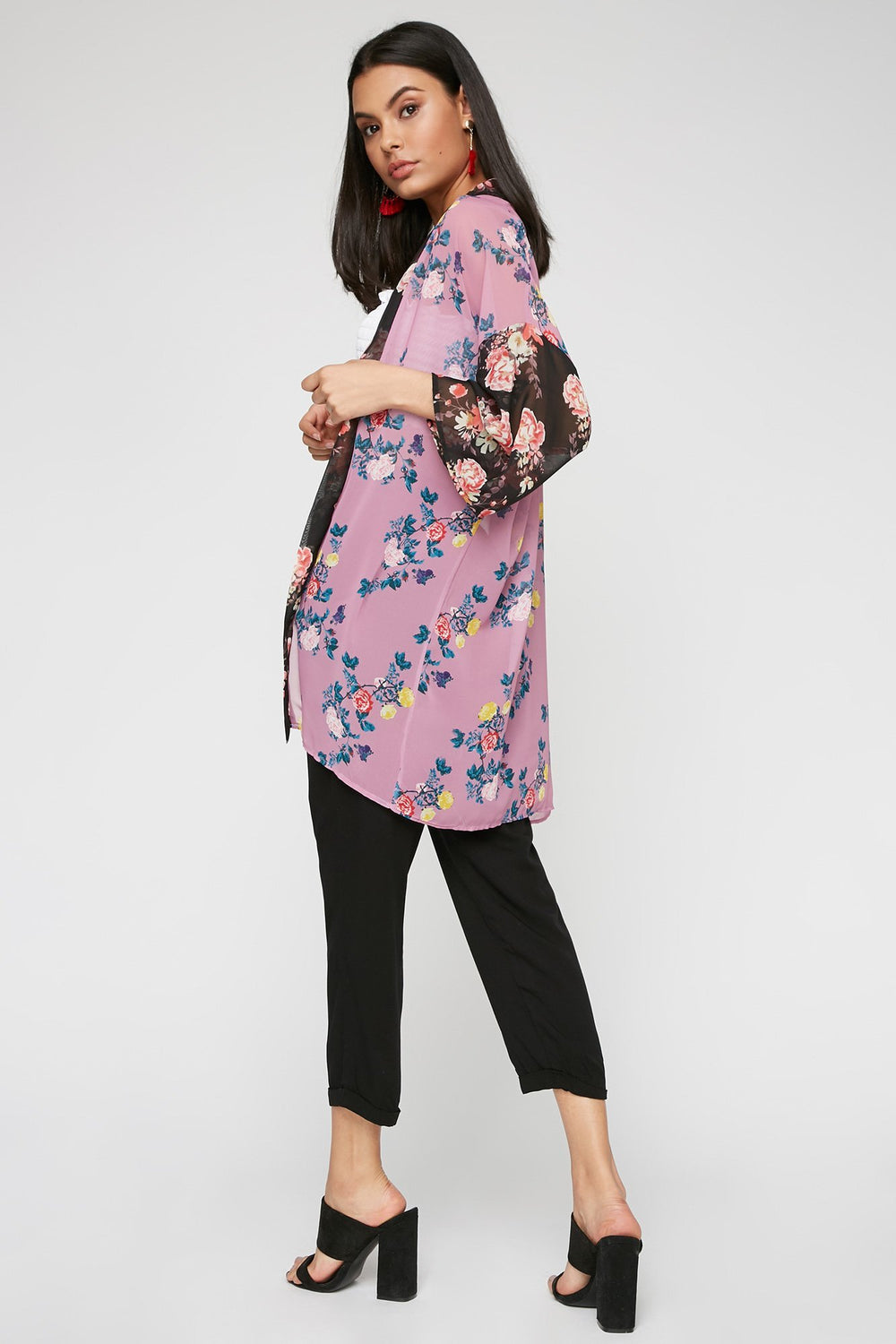Women Open-Front Sheer Floral Kimono Mauve