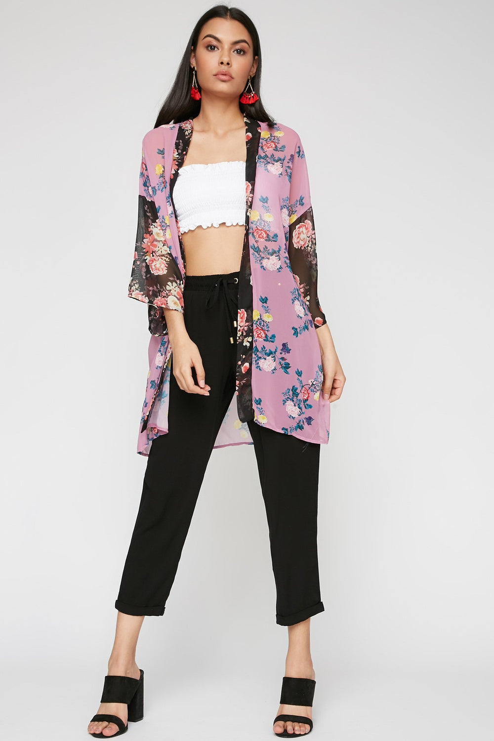 Women Open-Front Sheer Floral Kimono Mauve