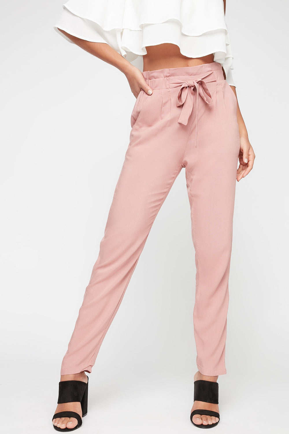 Women Pantalon à taille haute roulée avec attache Mauve