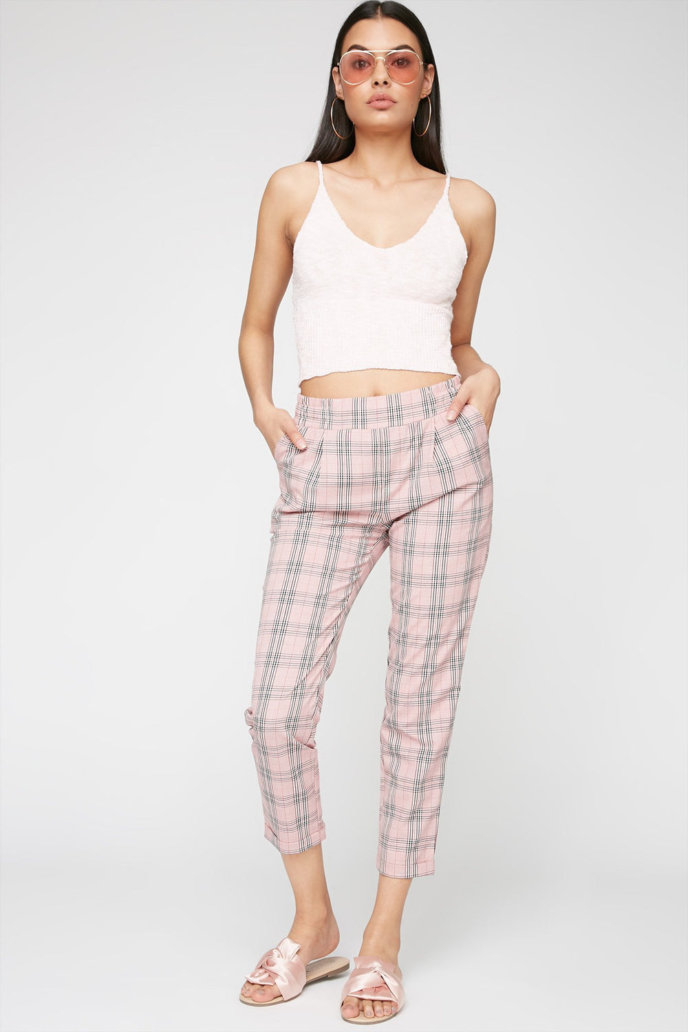 Women Pantalon court à enfiler avec carreaux Mauve