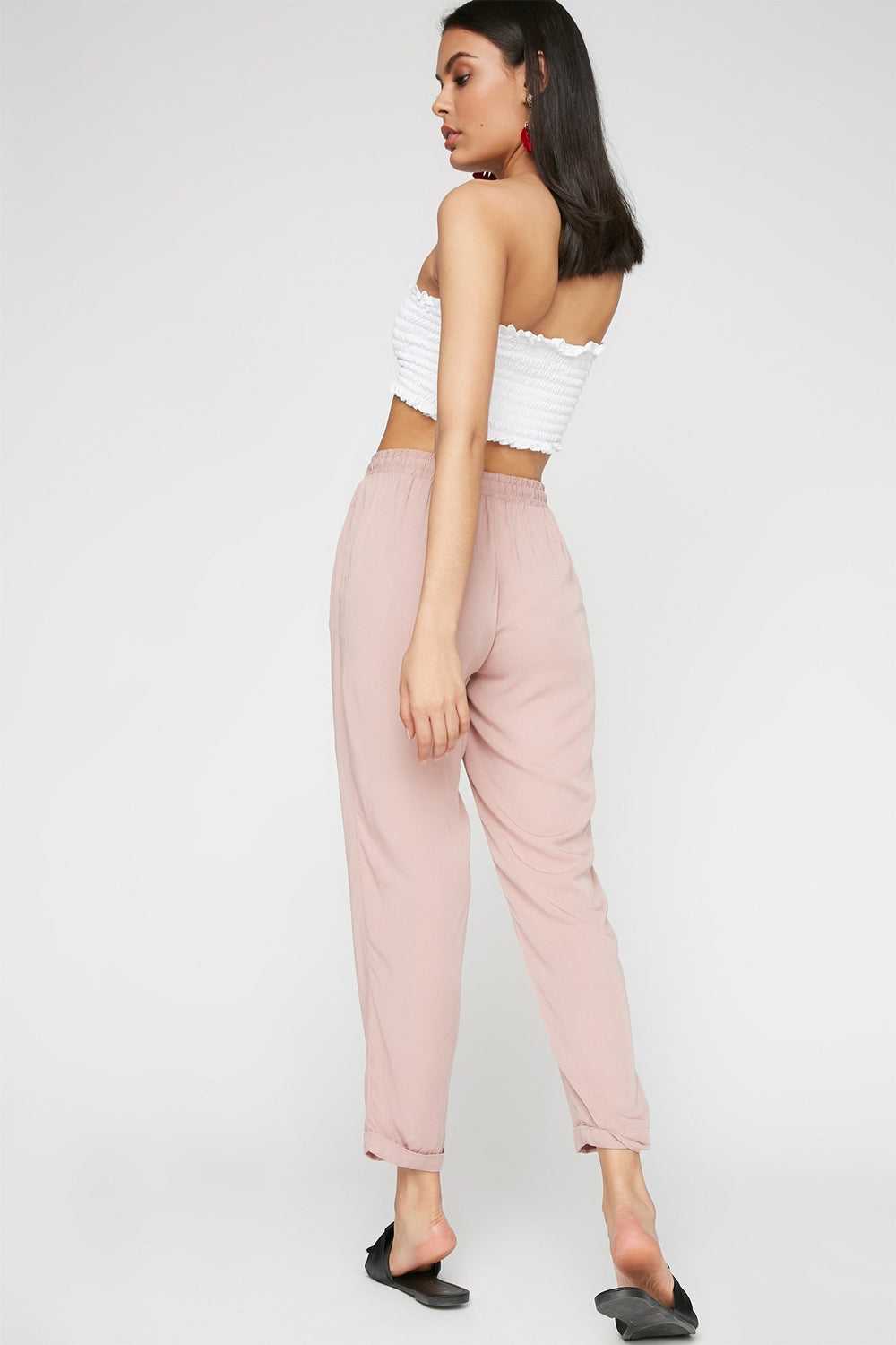 Women Pantalon de jogging à revers roulés avec taille coulissante Mauve