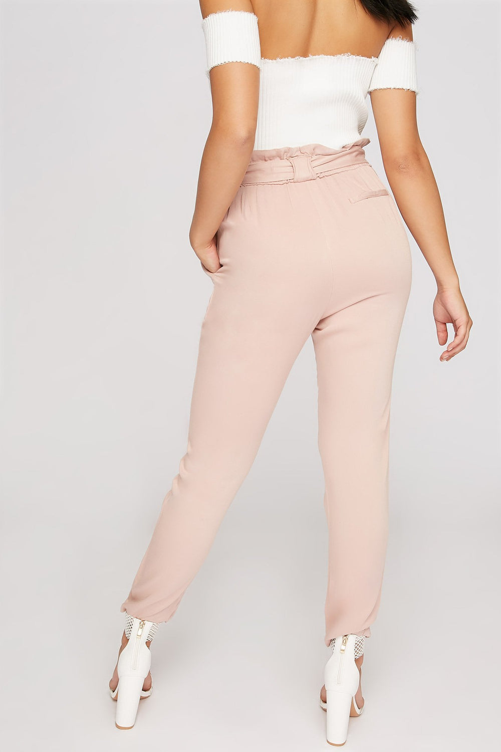 Women Pantalon doux volanté à taille haute roulée avec attache Mauve