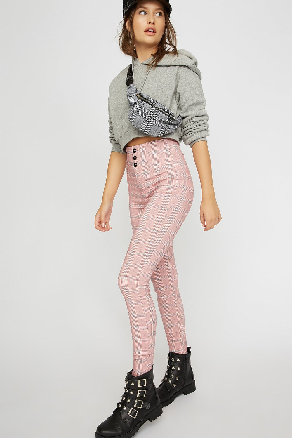 Women Pantalon étroit à carreaux avec patte de boutonnage triple Mauve