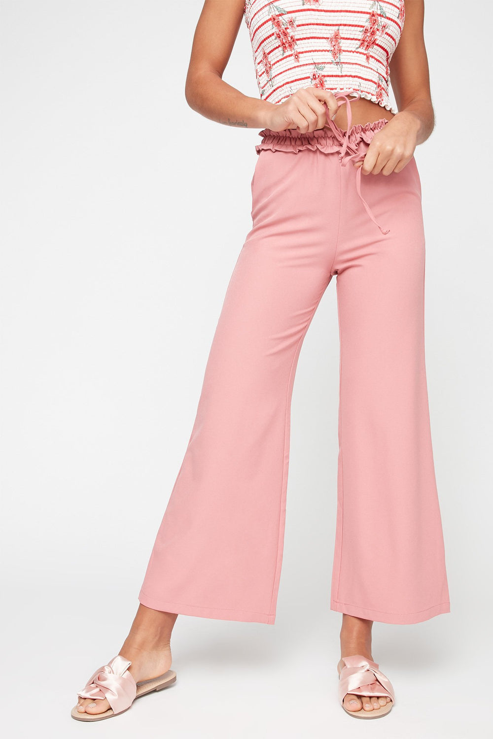 Women Pantalon volanté à jambe large et taille haute avec taille coulissante Mauve