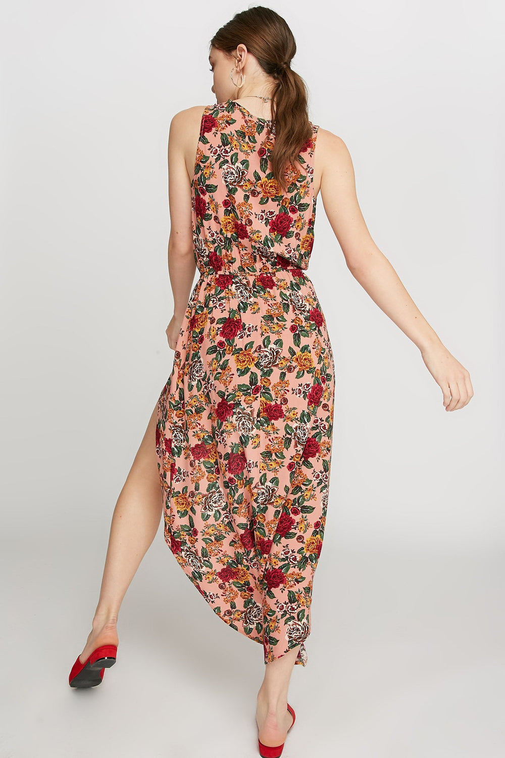 Women Plunging V-Neck Floral High-Low Walkthrough Romper Mauve