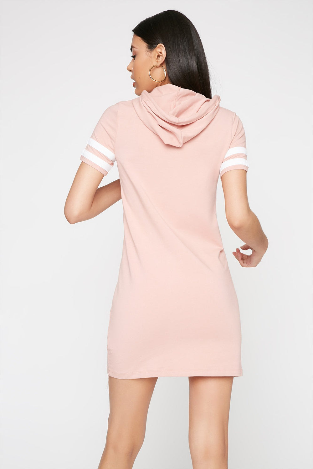 Women Robe t-shirt à capuchon rayée de style universitaire avec taille coulissante Mauve