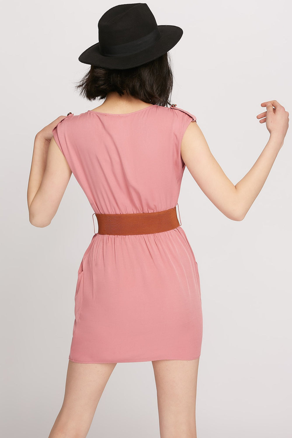 Women Robe-tunique à encolure dégagée avec poche et ceinture Mauve