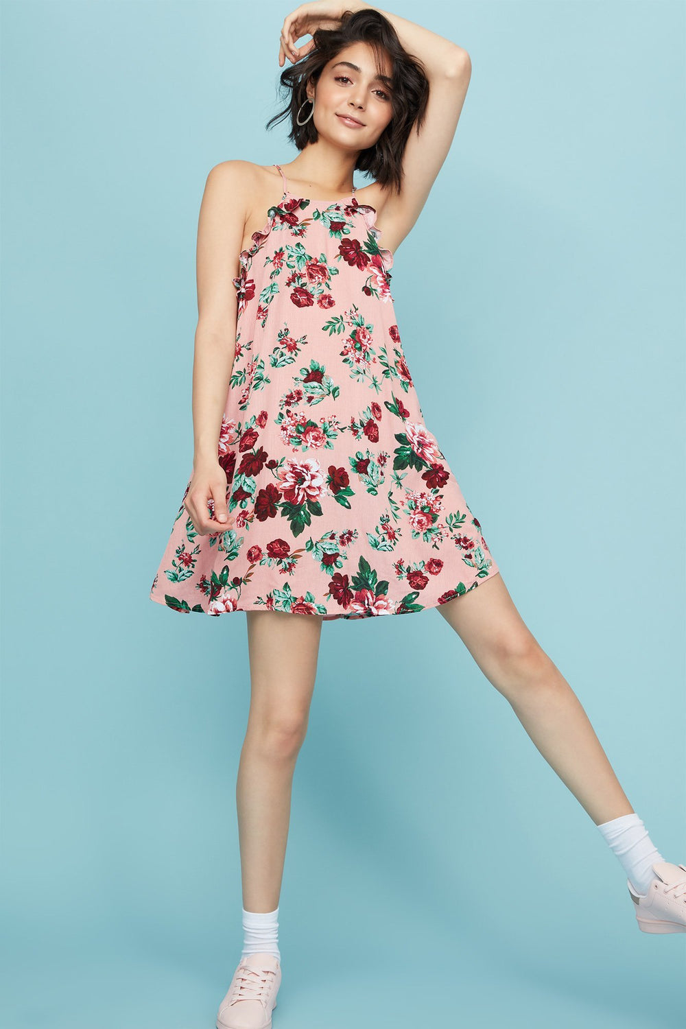 Women Ruffle Floral Camisole Shift Dress Mauve