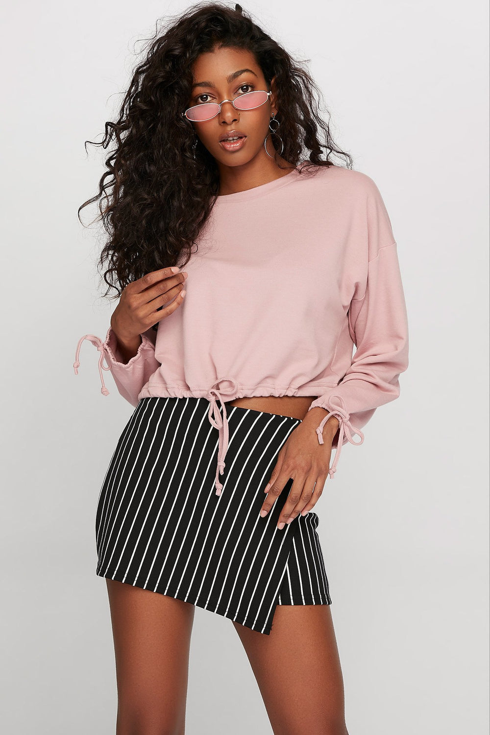 Women Self-Tie Drawstring Cropped Sweater Mauve