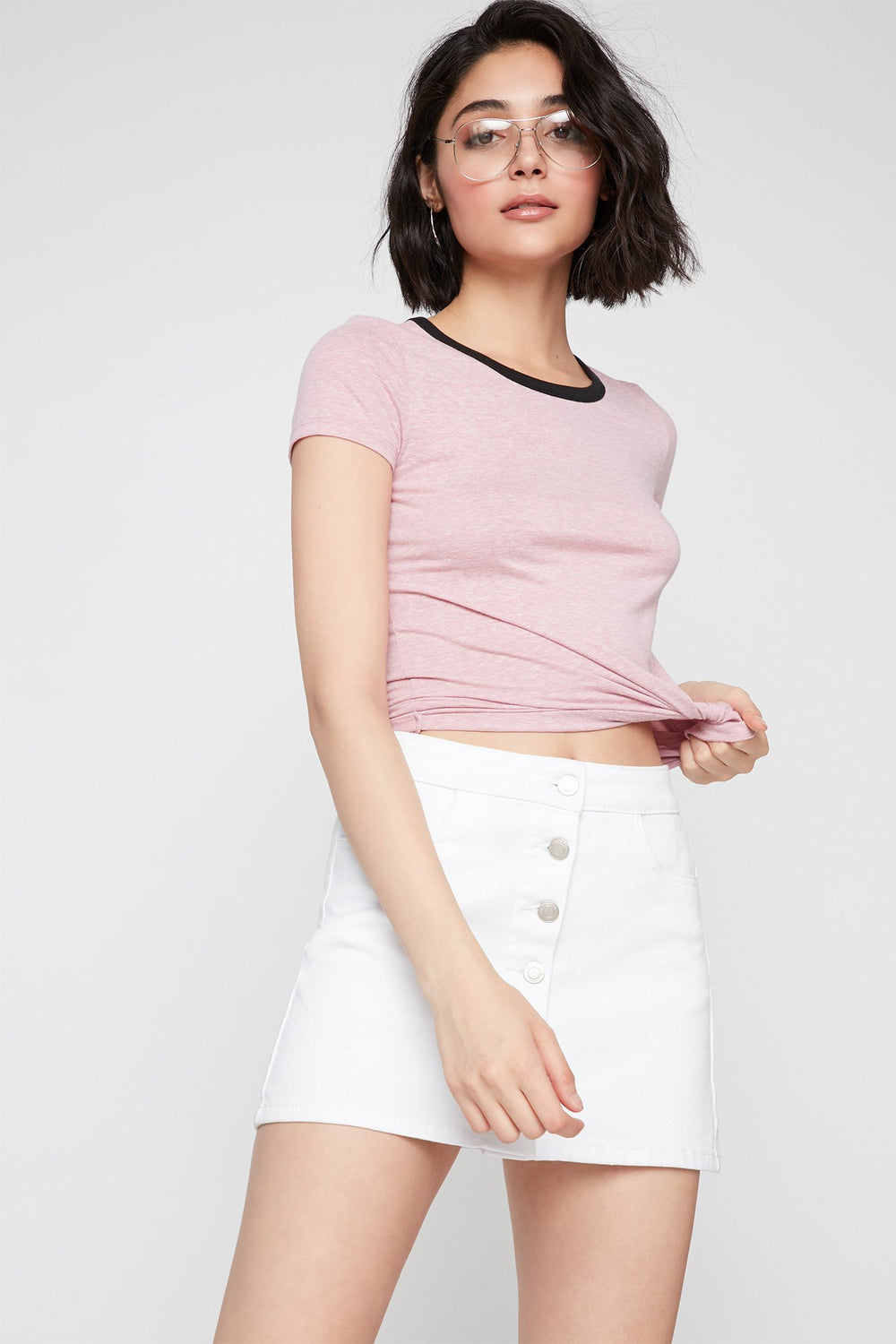 Women T-shirt à liséré contrastant teint par espacements Mauve