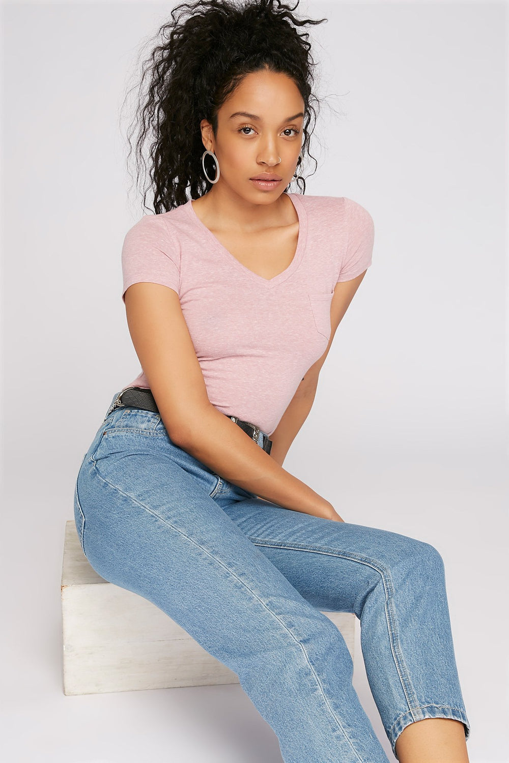 Women T-shirt de base teint par espacements à encolure en V Mauve