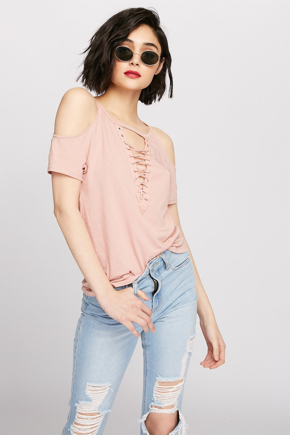 Women T-shirt lacé à épaules dénudées Mauve