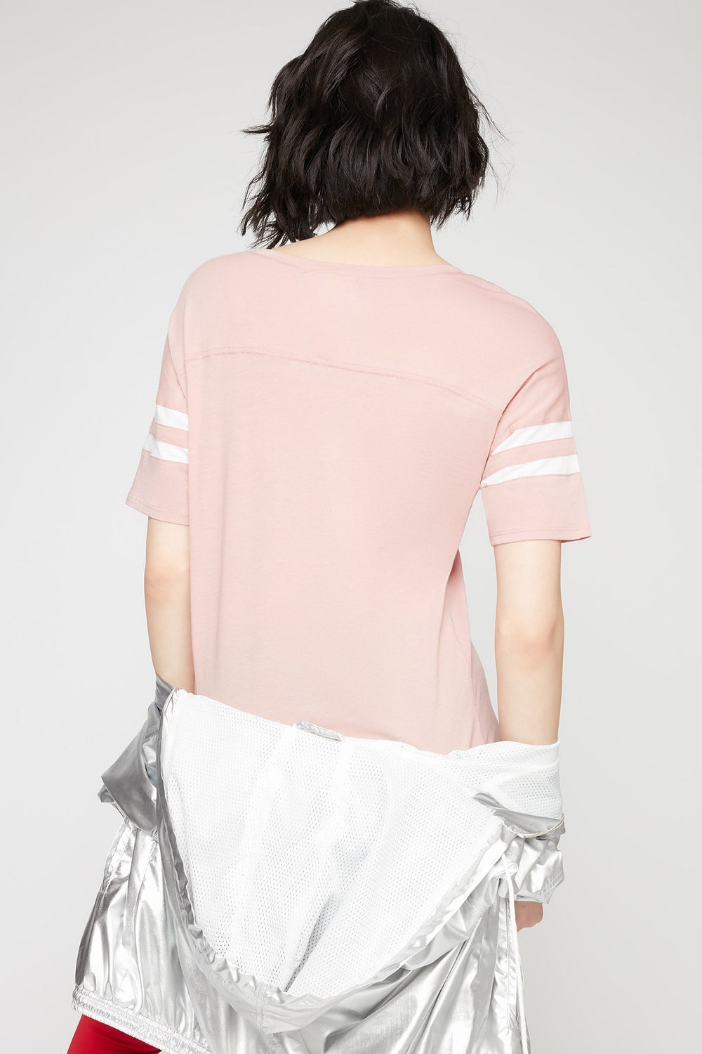 Women T-shirt rayé de style universitaire à encolure en V Mauve