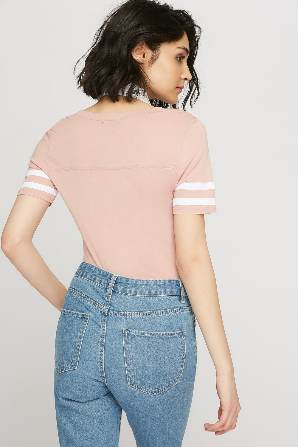 women T-shirt rayé de style universitaire à encolure en V Mauve