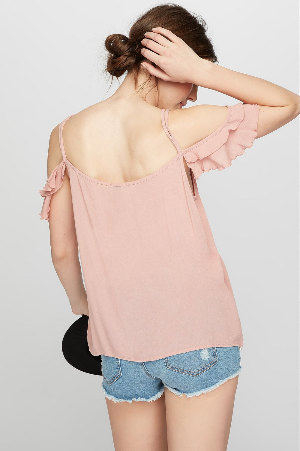 Women T-shirt volanté à motif de cage et épaules dénudées Mauve