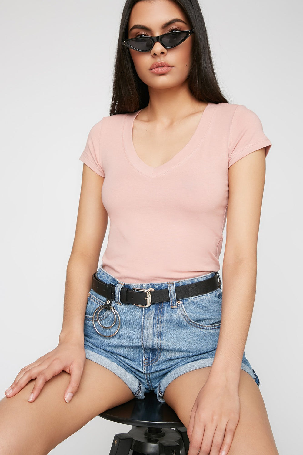 Women V-Neck Basic T-Shirt Mauve