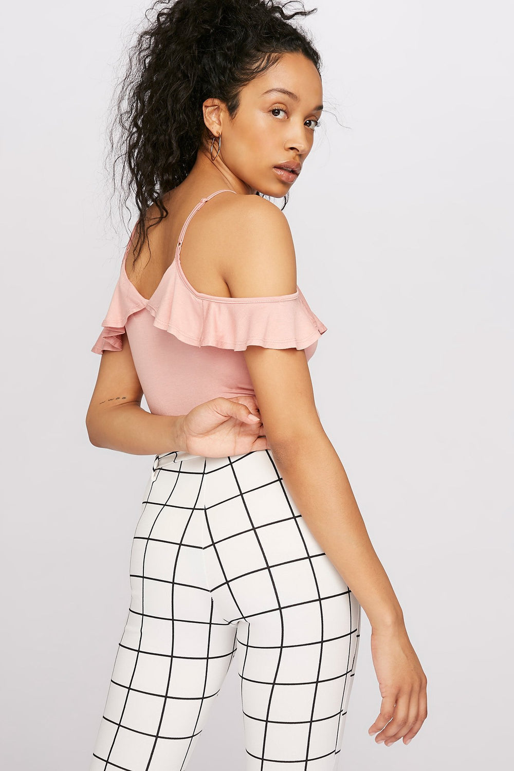 Women V-Neck Ruffle Cold Shoulder Camisole Mauve