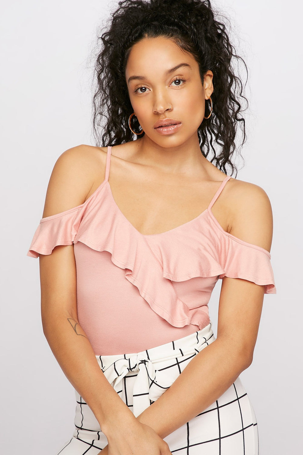 Women V-Neck Ruffle Cold Shoulder Camisole Mauve