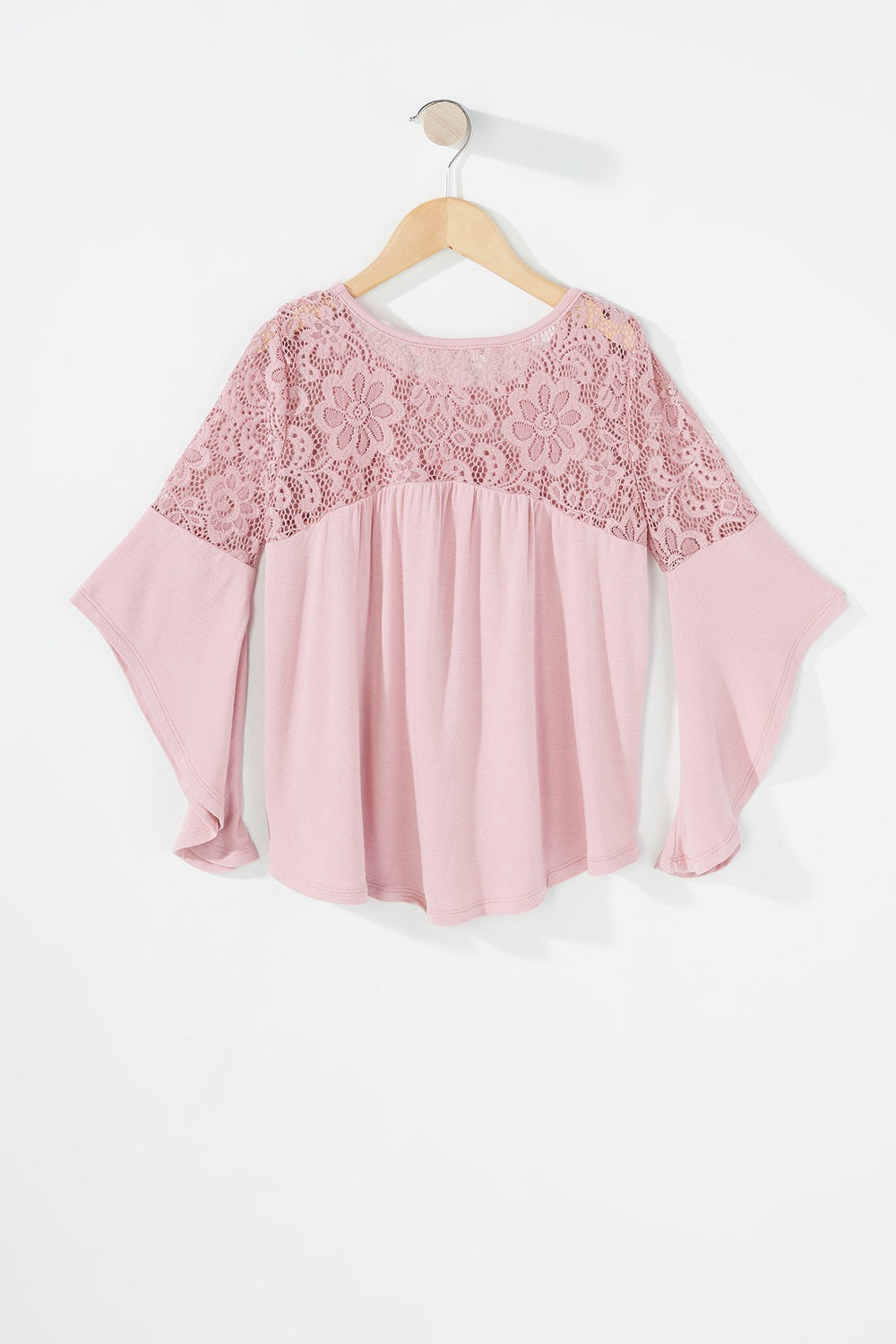 Kids Girls Lace Ruffle Slit Bell Sleeve Blouse Mauve