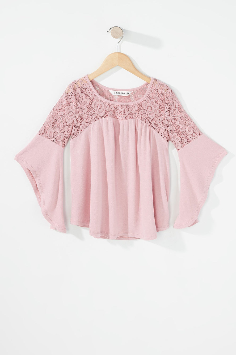 Kids Girls Lace Ruffle Slit Bell Sleeve Blouse Mauve