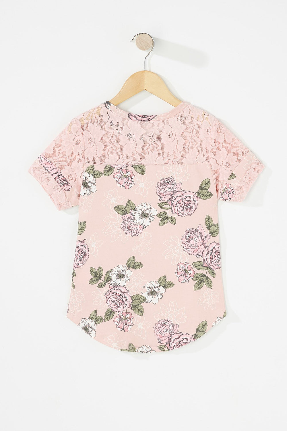 Kids T-shirt fleuri avec manches en dentelle et rayures de style universitaire pour fille Mauve