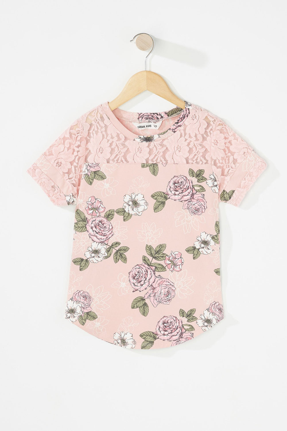 Kids T-shirt fleuri avec manches en dentelle et rayures de style universitaire pour fille Mauve