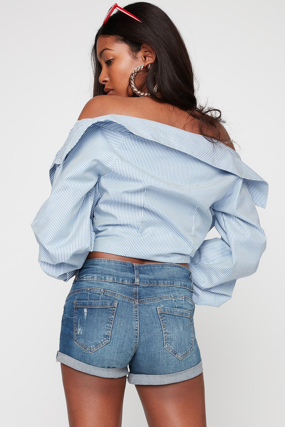 Women 3-Tier Distressed Roll-Up Denim Short Medium Blue
