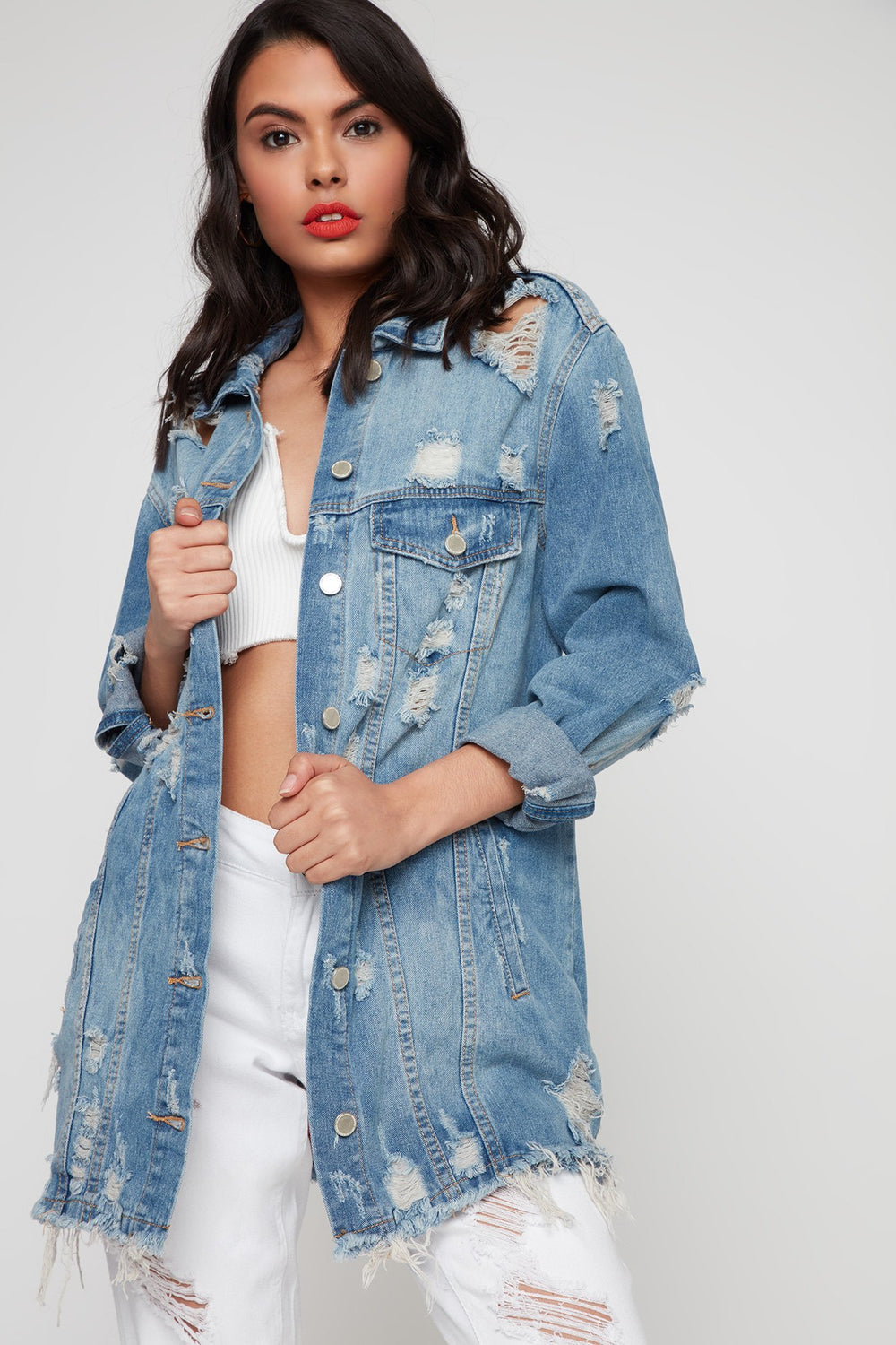 Women Floral Embroidered Graphic Frayed Hem Distressed Longline Denim Jacket Medium Blue