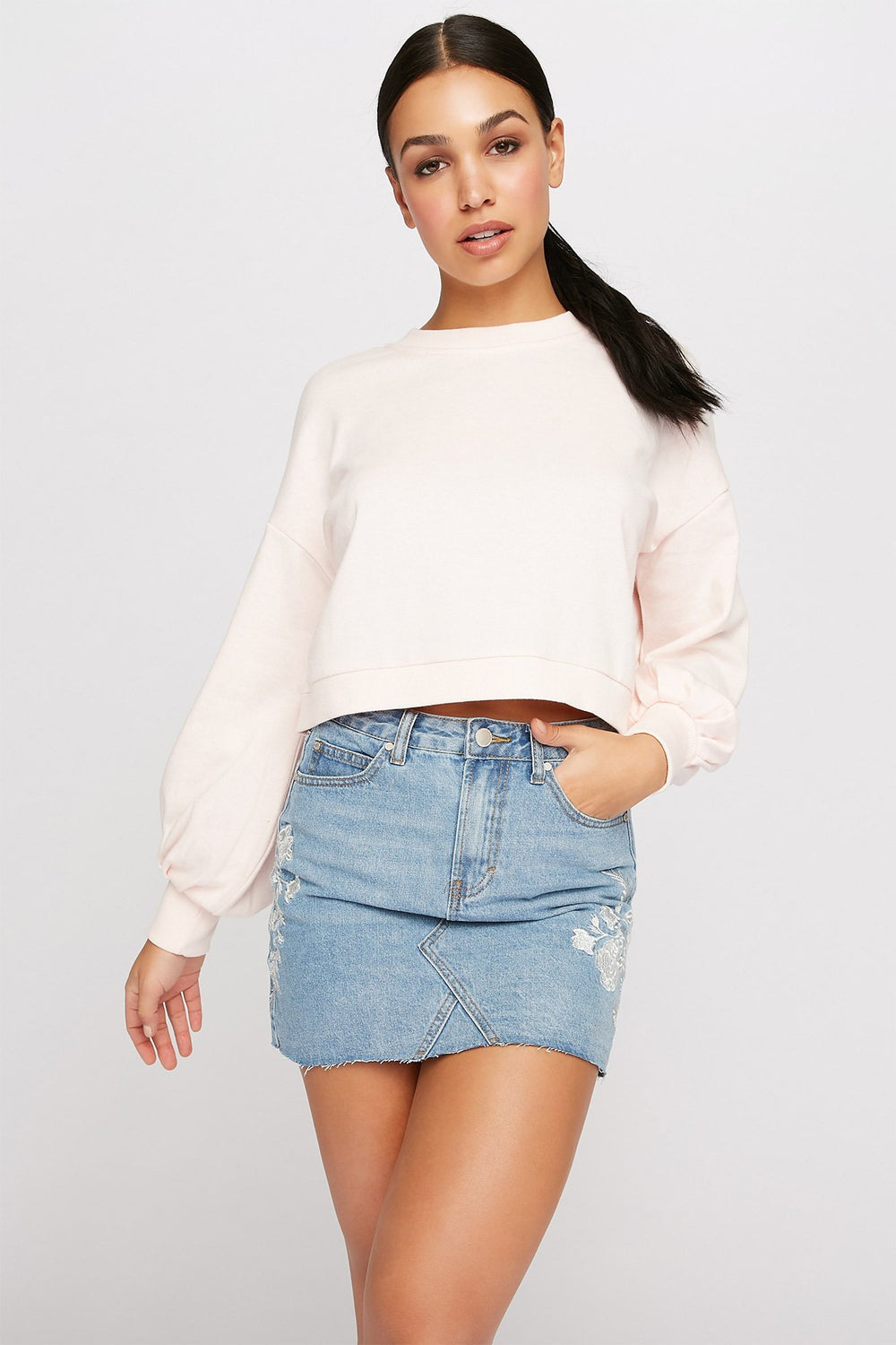 Women High-Rise Crochet Embroidered Denim Mini Skirt Medium Blue