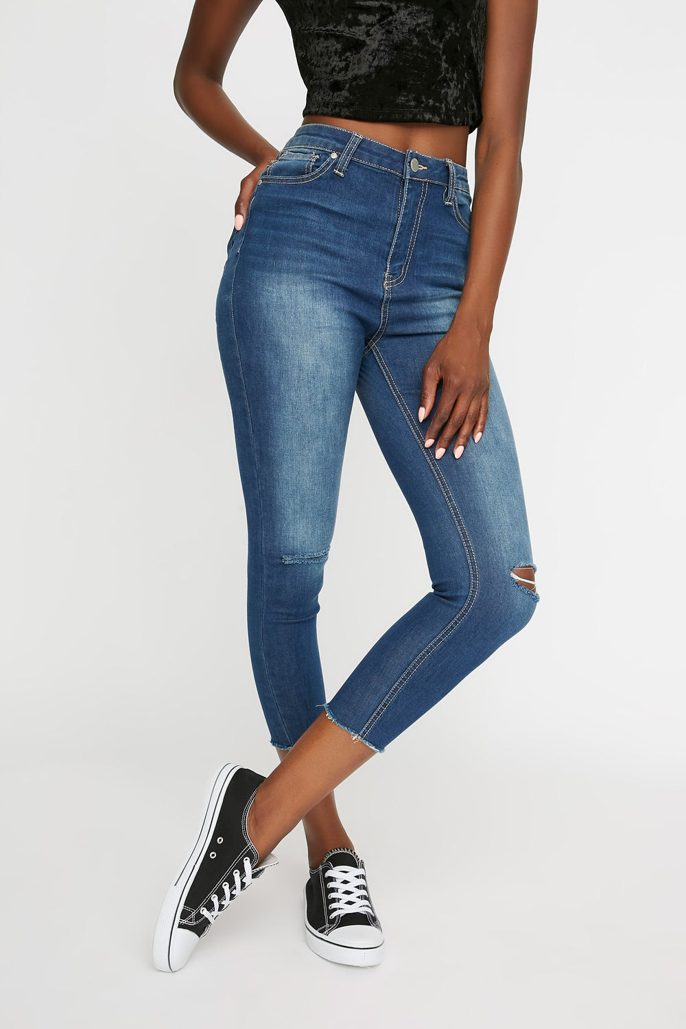 Women High-Rise Cropped Frayed Hem Skinny Jean Medium Blue