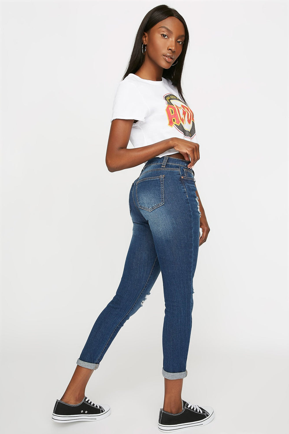 Women Mid-Rise Distressed Roll-Up Skinny Jean Medium Blue
