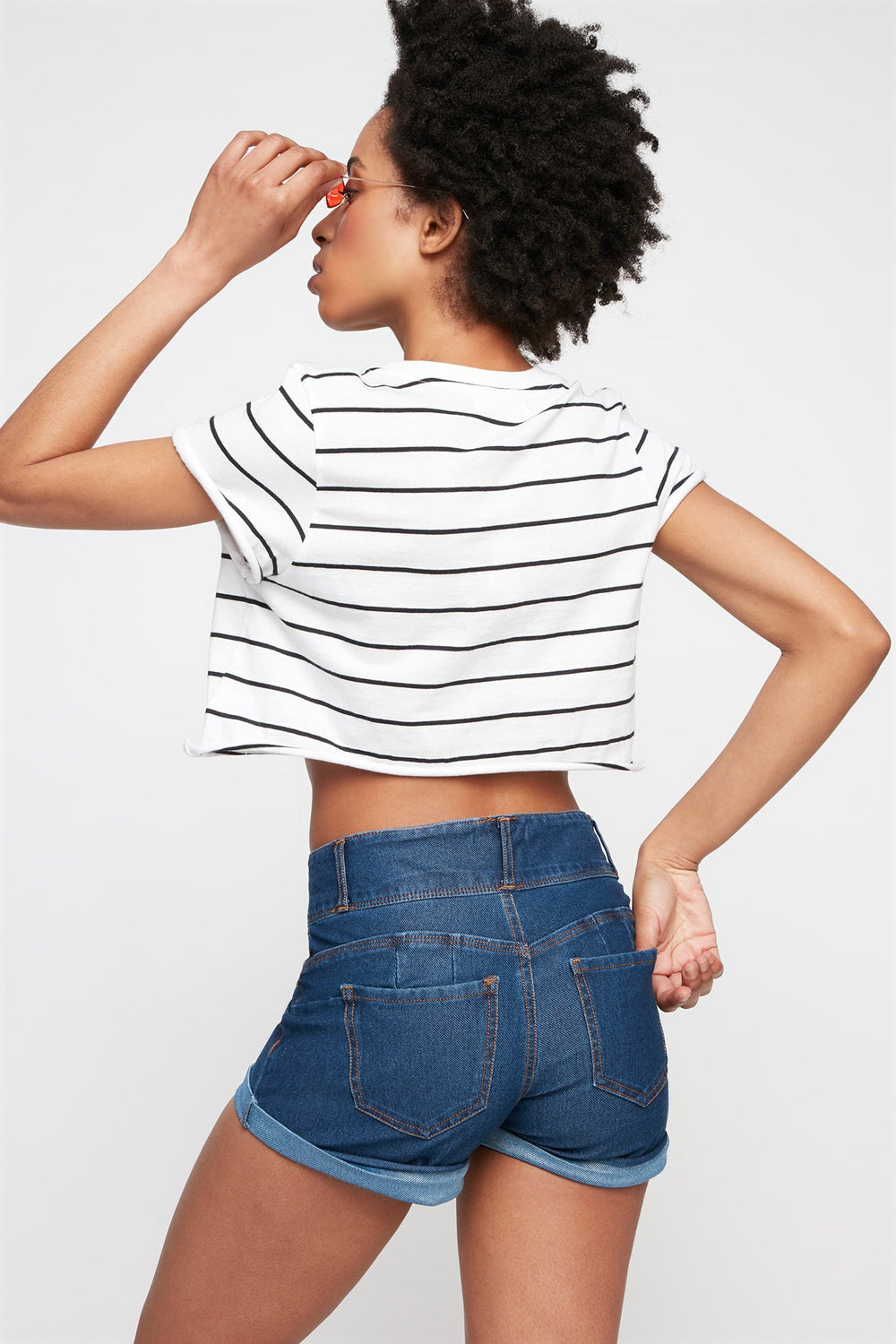 Women 3-Tier Roll-Up Denim Short Medium Blue